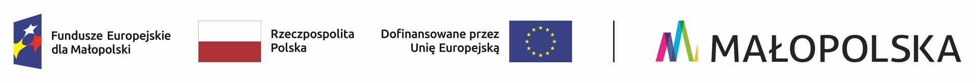 ciag logotyp&oacute;w: funduszy europejskich, flagi RP, logo UE, logo małopolski
